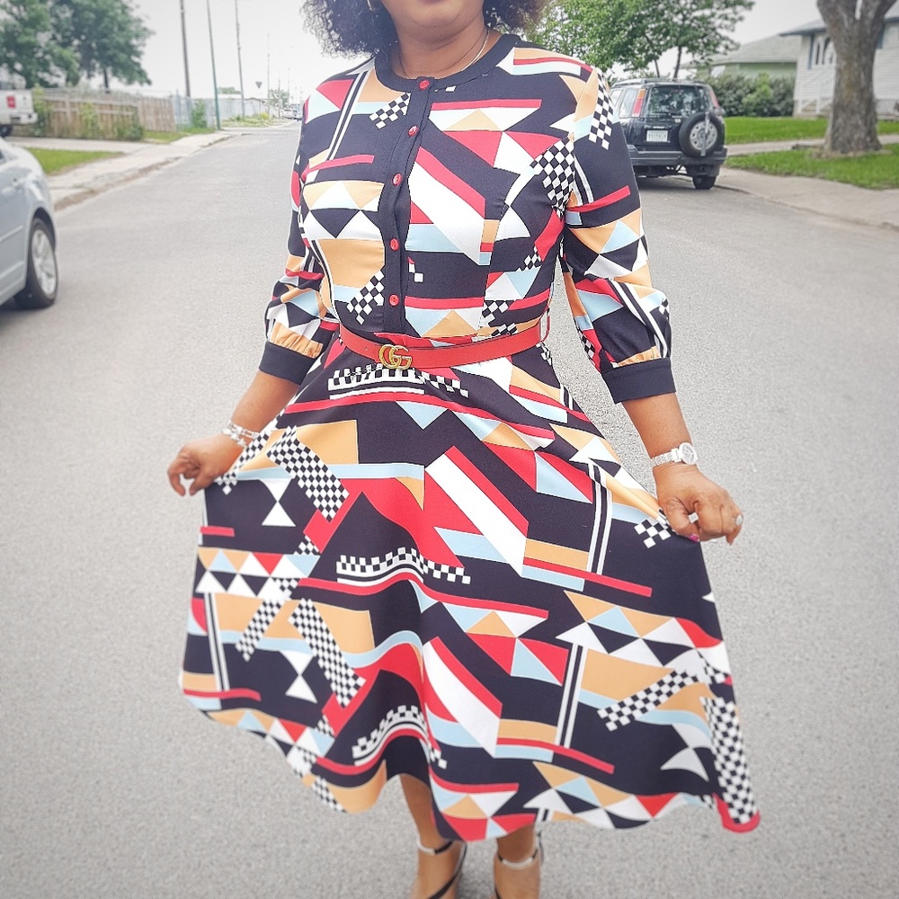 MULTI-PRINT SKATER DRESS- PLUS SIZES